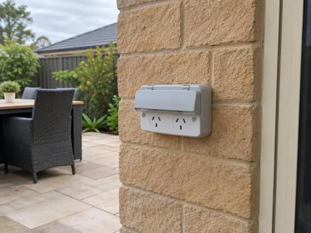 Weatherproof double power point on a brick outdoor pillar beside a paved patio in Wyee
