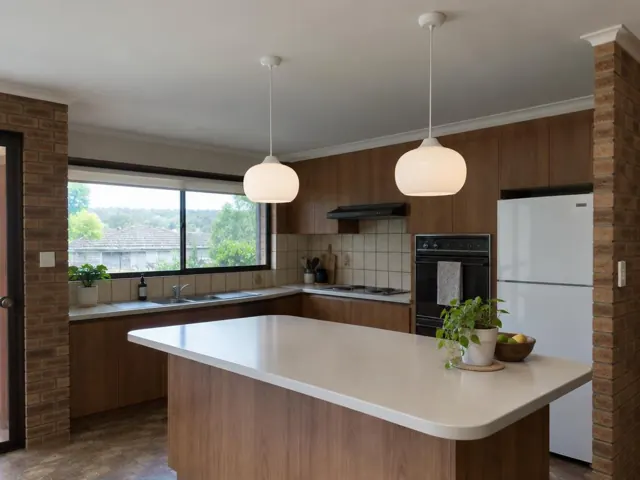 Kitchen with two white pendant lights over an island in a home interior in Morisset